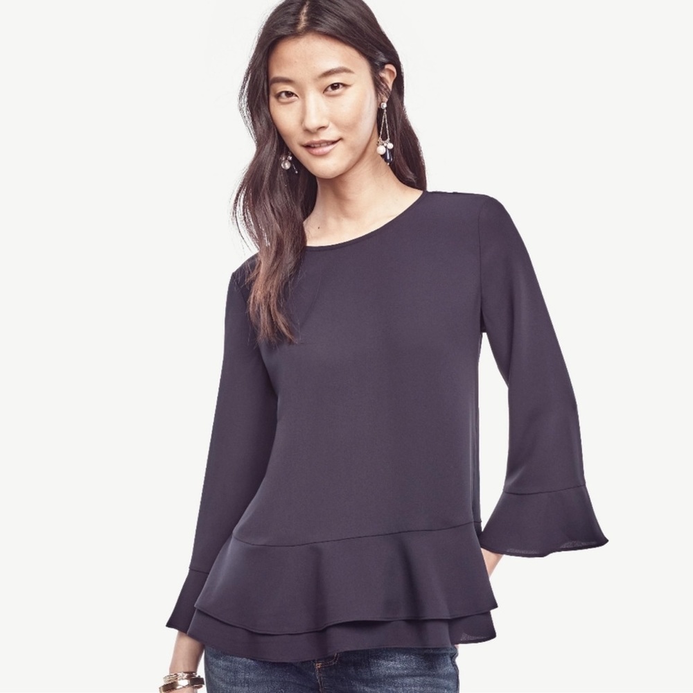 Ann Taylor Navy Blue Ruffle Hem Blouse Bell Sleeve Career Top Size XL